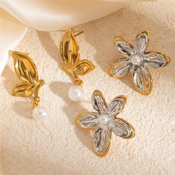 🌸 Gold & Silver Flower Stud Earrings | Hypoallergenic Stainless Steel Floral - Picture 4 of 6
